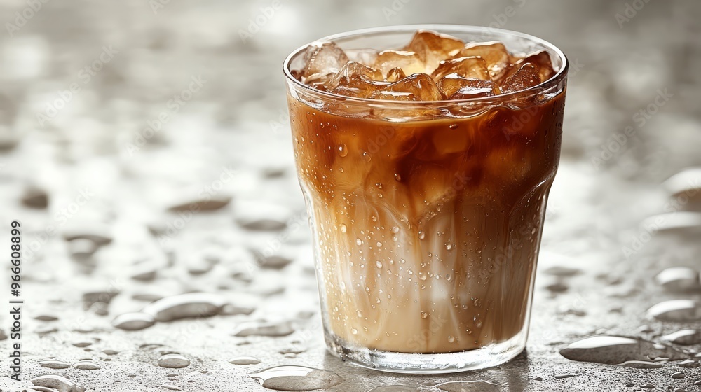 Refreshing glass of iced coffee with milk, placed on a wet surface, creating a cool and invigorating vibe. Perfect for hot summer days. Refreshing glass of iced coffee with milk, placed on a wet surface, creating a cool and invigorating vibe. Perfect for hot summer days.