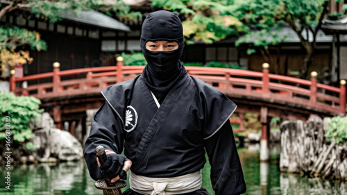 A medium shot of a ninja with a mask covering their face. The ninja is wearing a black outfit with a white sash around the waist. The ninja is holding a sword. The background is a traditional Japanese