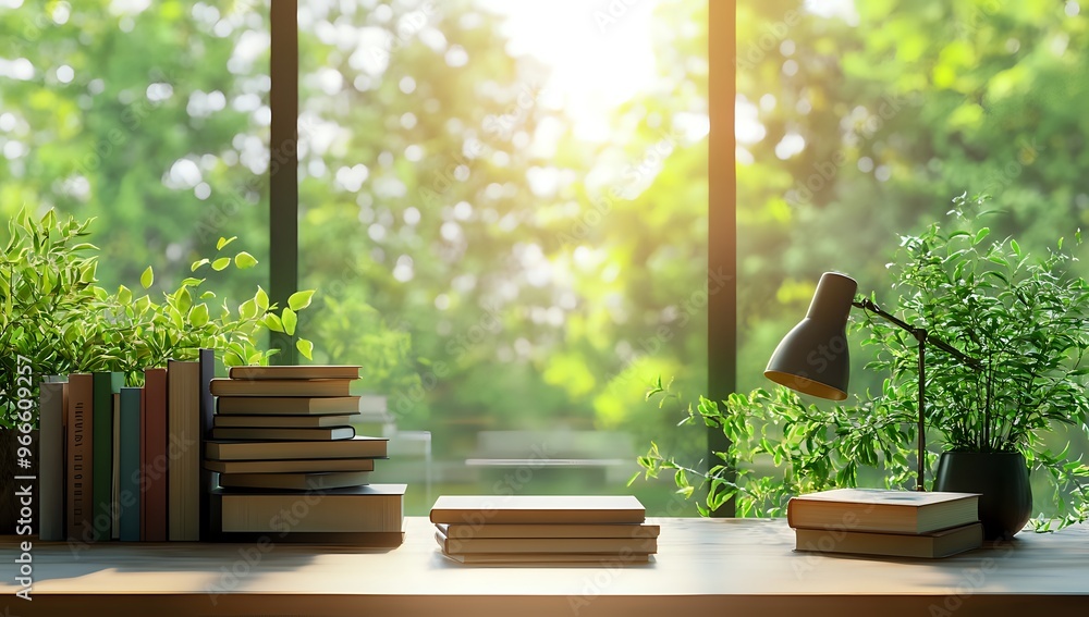 A warm, inviting home office space with stacks of books and a desk lamp. A warm, inviting home office space with stacks of books and a desk lamp.