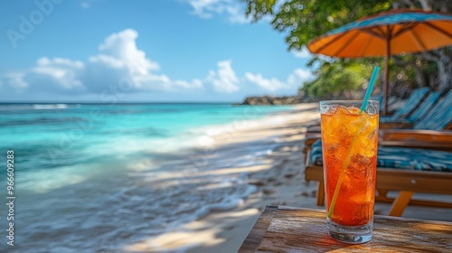 Refreshing tropical drink with ice on a sunny beach, clear skies, turquoise water, and orange umbrellas, offering a perfect vacation getaway. #966609283