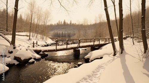 generative ai, Snowy Wooden Bridge Over Stream in Winter Landscape with Mountain Background photo