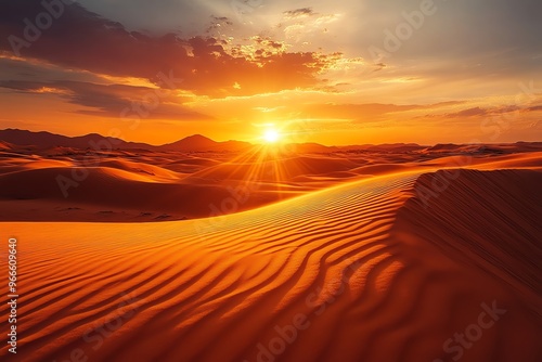 A breathtaking sunset over sand dunes in a vast desert, showcasing the beauty of nature with warm colors and rippled textures.