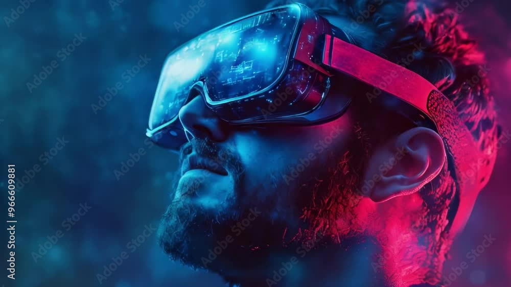 Man in virtual reality headset surrounded by digital interface. Futuristic graphic style. AI technology and innovation concept