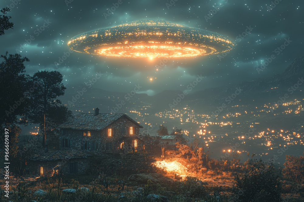 A high-tech spacecraft with holographic projections visible through a clear night sky above a rural farmhouse. Concept of futuristic technology and rural sightings. A high-tech spacecraft with holographic projections visible through a clear night sky above a rural farmhouse. Concept of futuristic technology and rural sightings.