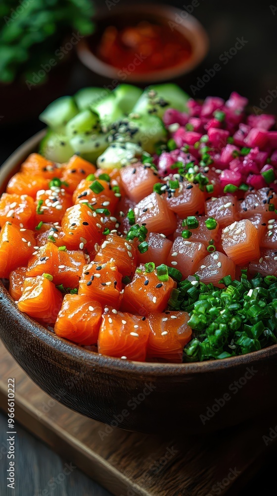 artfully arranged hawaiian poke bowl with vibrant cubes of fresh tuna salmon and shrimp accompanied by colorful toppings on rustic wooden surface artfully arranged hawaiian poke bowl with vibrant cubes of fresh tuna salmon and shrimp accompanied by colorful toppings on rustic wooden surface