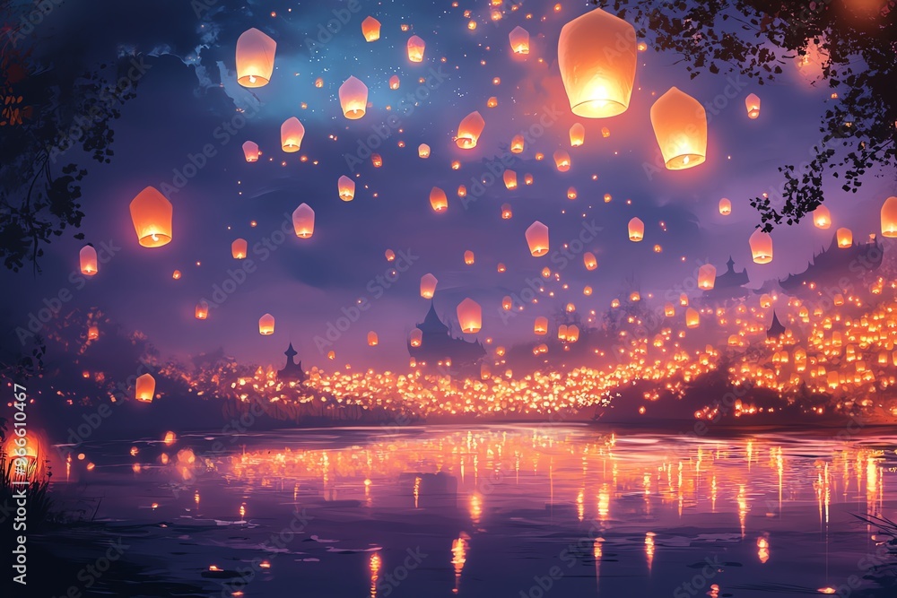 A mesmerizing scene of floating lanterns illuminating the night sky over a tranquil river, creating a magical and serene ambiance. A mesmerizing scene of floating lanterns illuminating the night sky over a tranquil river, creating a magical and serene ambiance.