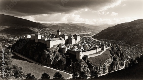 generative ai, Hilltop Fortress Overlooking Lake and Valley in Historic European Landscape photo