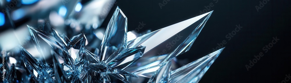Abstract crystalline structures with sharp, angular facets, refracting light in icy blue and silver hues against a dark background Abstract crystalline structures with sharp, angular facets, refracting light in icy blue and silver hues against a dark background