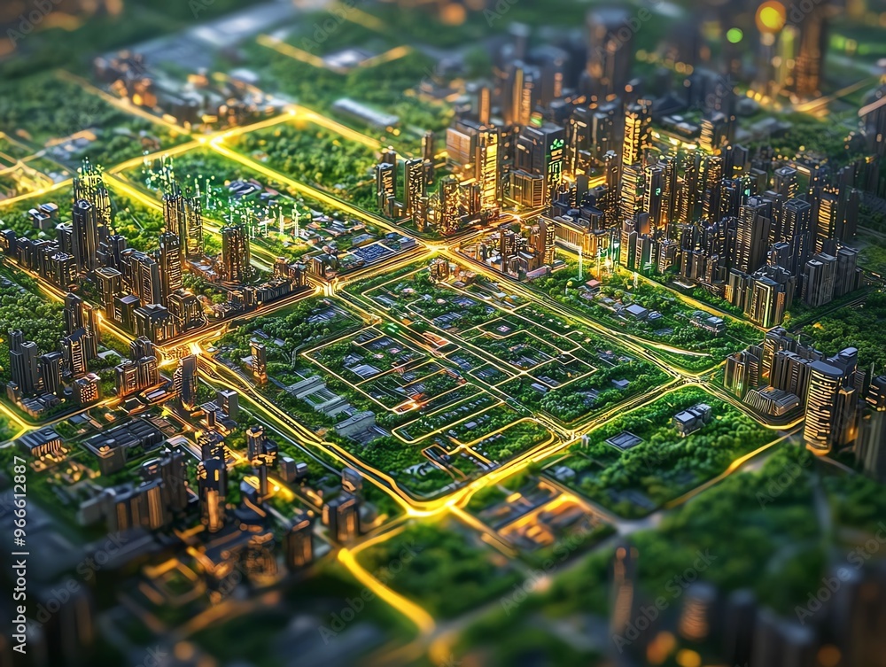 Obraz premium Aerial view of a modern cityscape illuminated at night, showcasing an urban grid with green spaces and glowing buildings.