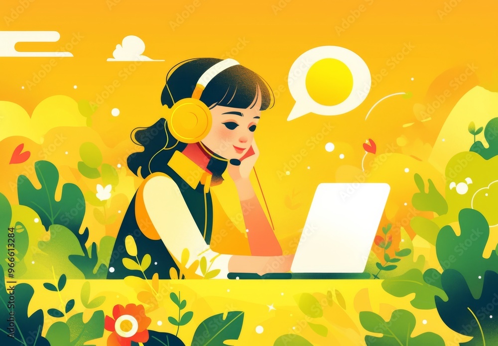Simple Flat Vector Illustration of a Woman with Headset Working on Laptop, Yellow and Black Color Palette, Chat Bubbles and Sun, with White Background and Line Art Style Simple Flat Vector Illustration of a Woman with Headset Working on Laptop, Yellow and Black Color Palette, Chat Bubbles and Sun, with White Background and Line Art Style