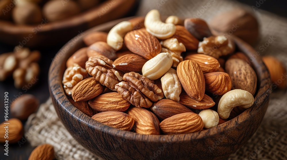 Assorted nuts in a wooden bowl including almonds, cashews, walnuts, and pecans, displayed on a rustic burlap surface. Assorted nuts in a wooden bowl including almonds, cashews, walnuts, and pecans, displayed on a rustic burlap surface.