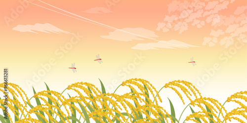 稲穂と夕焼け空の背景_ベクターイラスト（2:1）