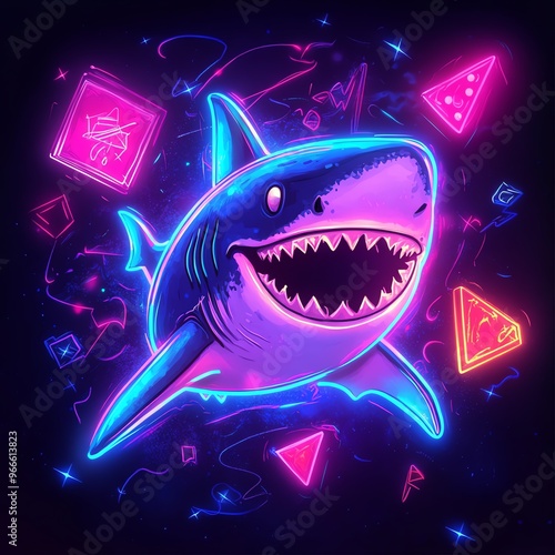 Bright neon shark illustration on a dark background with geometric shapes, showcasing a unique and vibrant underwater scene.
