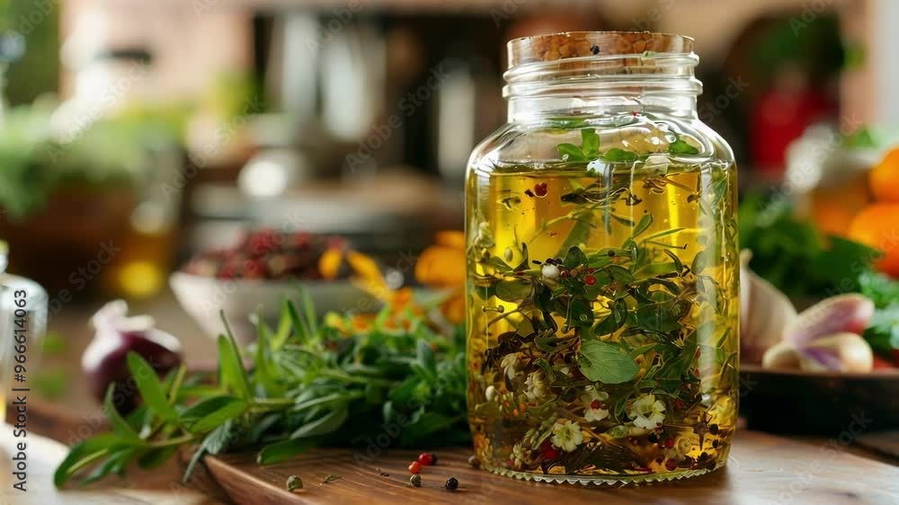 Glass jar filled with oil, herbs and spices is infusing on a wooden countertop, with other ingredients in the background Glass jar filled with oil, herbs and spices is infusing on a wooden countertop, with other ingredients in the background