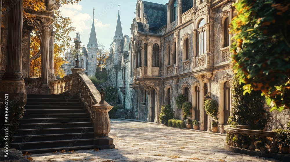 Fototapeta premium Stone Building with Stairway and Greenery