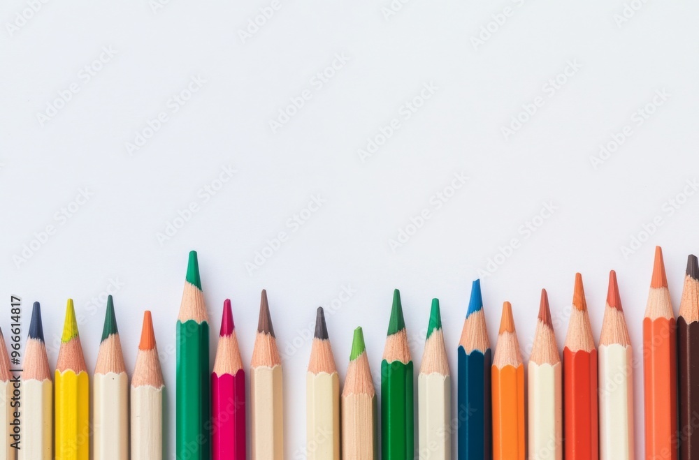 Colorful Pencils Lined Up on White Background, Green, Orange, and Brown, Ideal for Educational or Creative Projects Colorful Pencils Lined Up on White Background, Green, Orange, and Brown, Ideal for Educational or Creative Projects