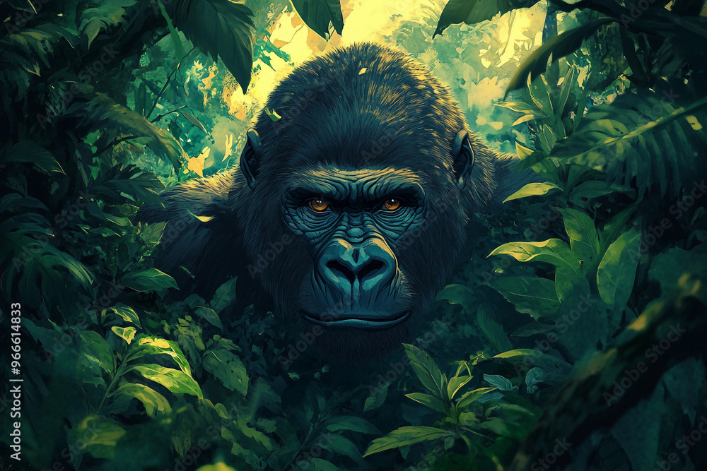 A gorilla is standing in a jungle with green leaves and trees. The gorilla has a menacing look on its face A gorilla is standing in a jungle with green leaves and trees. The gorilla has a menacing look on its face