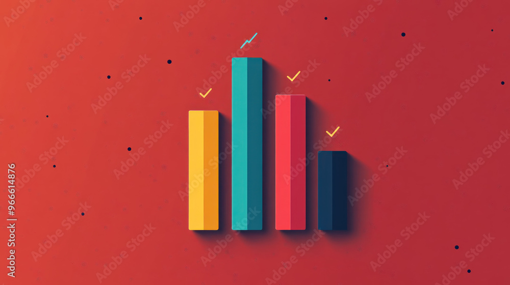 Obraz premium Minimalistic design of three ascending bar charts on vibrant red background, symbolizing growth and progress..