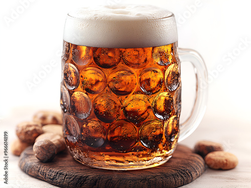 A clear glass filled with golden beer, showcasing its frothy white head and inviting bubbles rising to the surface. photo