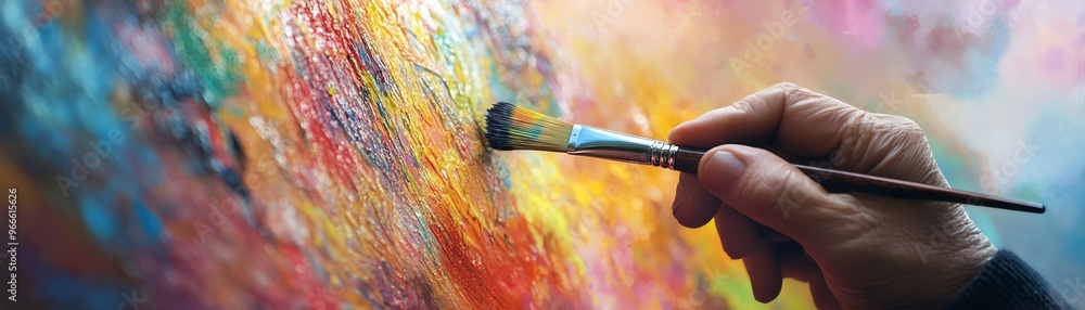 Fototapeta premium Close-up of an artist's hand painting with a brush on a vibrant abstract canvas, showcasing creativity and expression.