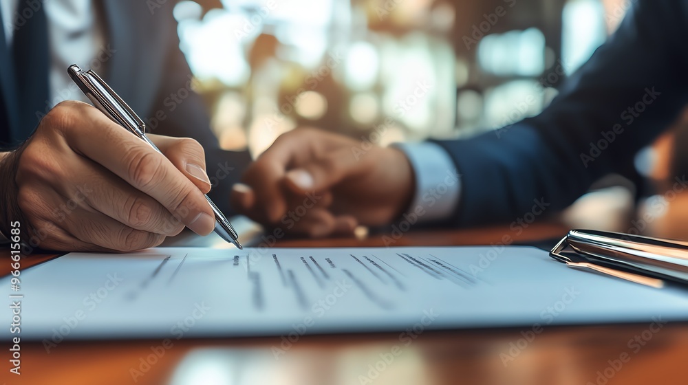 Close-up of business partners signing a contract in an office setting, focused on hand details and the document. Close-up of business partners signing a contract in an office setting, focused on hand details and the document.