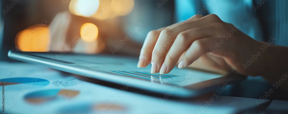 Close-up of hands using a tablet with charts and graphs in a professional or business environment. Modern technology and data analysis. Close-up of hands using a tablet with charts and graphs in a professional or business environment. Modern technology and data analysis.