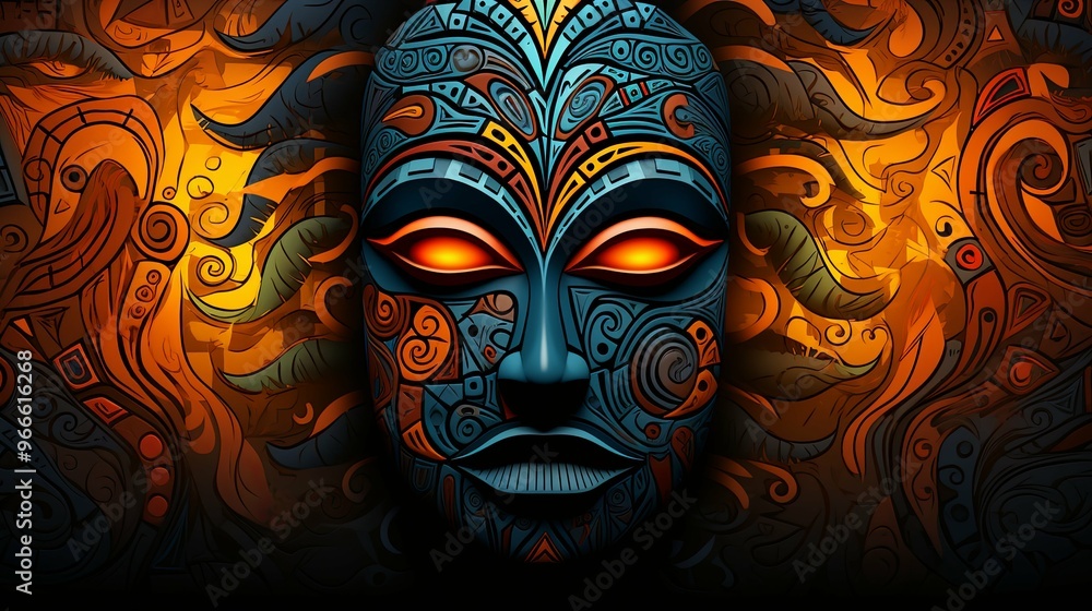 Ornate Tribal Mask with Glowing Eyes Against Abstract Background Ornate Tribal Mask with Glowing Eyes Against Abstract Background