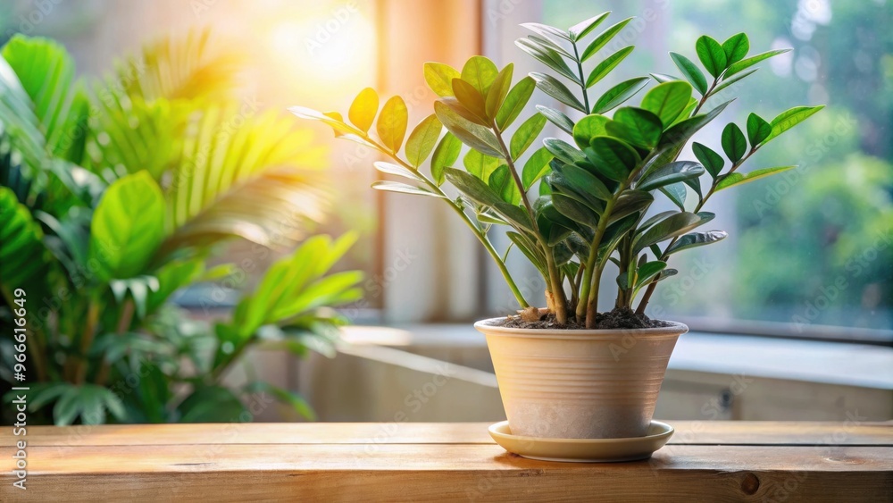 Zamioculcas plant in a flower pot on a table with natural sunlight , Zamioculcas, Zanzibar gem Zamioculcas plant in a flower pot on a table with natural sunlight , Zamioculcas, Zanzibar gem