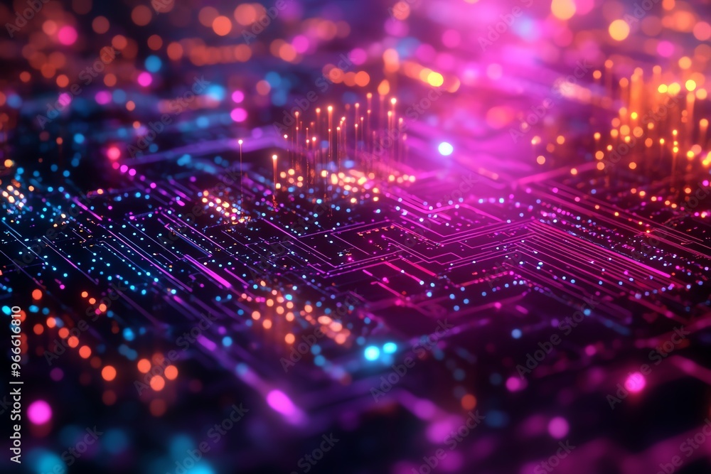 Fototapeta premium Colorful and vibrant abstract representation of a digital circuit board, highlighting the complexity and beauty of modern technology.