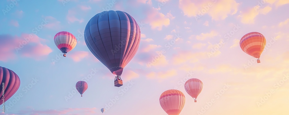 Fototapeta premium Colorful hot air balloons float gracefully in a serene sky filled with soft, pastel-colored clouds at sunset.