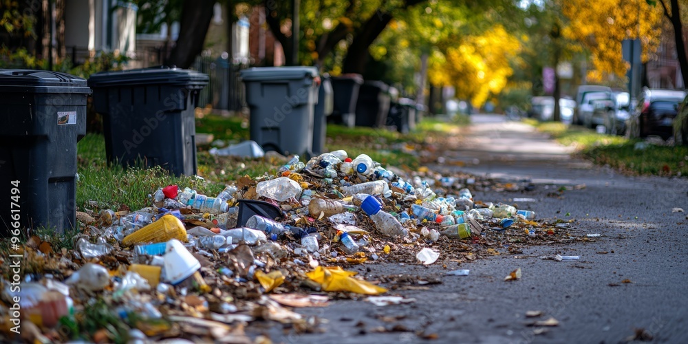 Obraz premium Urban street with scattered garbage and overflowing trash bins under autumn trees, highlighting environmental pollution issue.