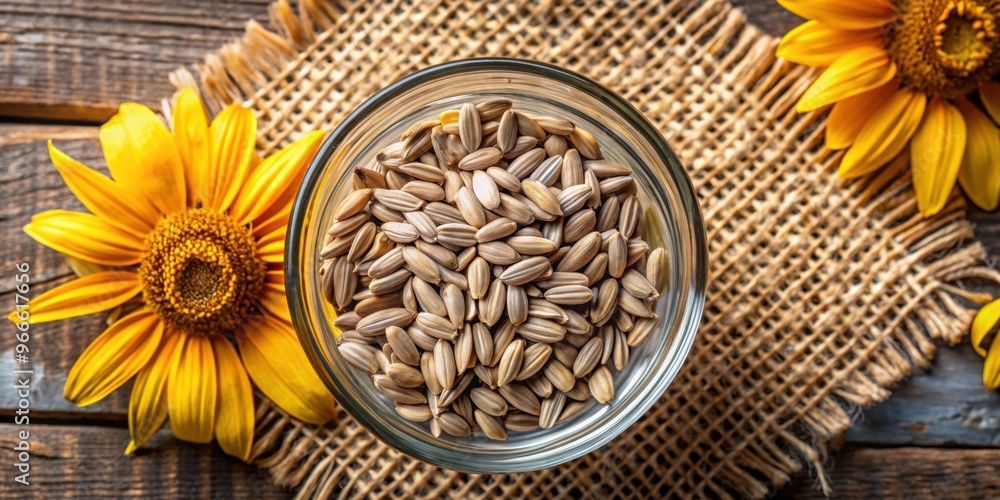 Close up of roasted sunflower seeds in a glass bowl with a background of sunflower seeds, top view
