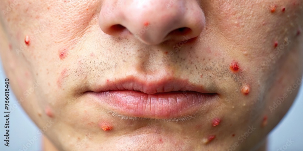 Close-up of acne and pimples on the nose due to poor hygiene, acne, pimples, skin condition, facial skin Close-up of acne and pimples on the nose due to poor hygiene, acne, pimples, skin condition, facial skin