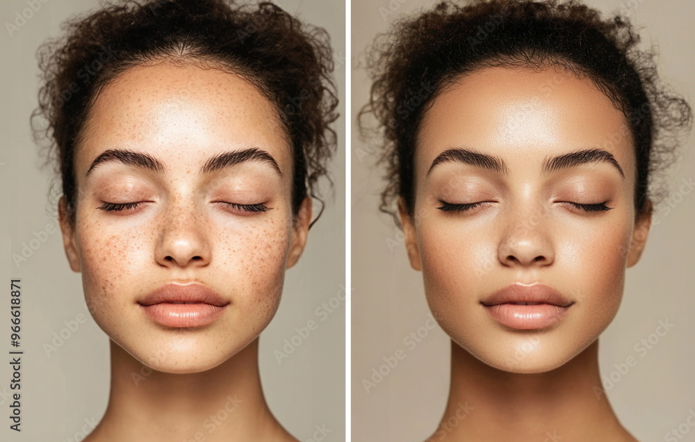 Before and after comparison of woman with freckles and clear skin transformation, high-quality beauty shot. Concept for beauty campaigns, dermatology, cosmetology, and skincare product promotions Before and after comparison of woman with freckles and clear skin transformation, high-quality beauty shot. Concept for beauty campaigns, dermatology, cosmetology, and skincare product promotions
