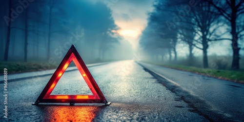 Warning triangle placed on a misty road during bad weather, bad weather, driving, warning triangle, misty road, caution