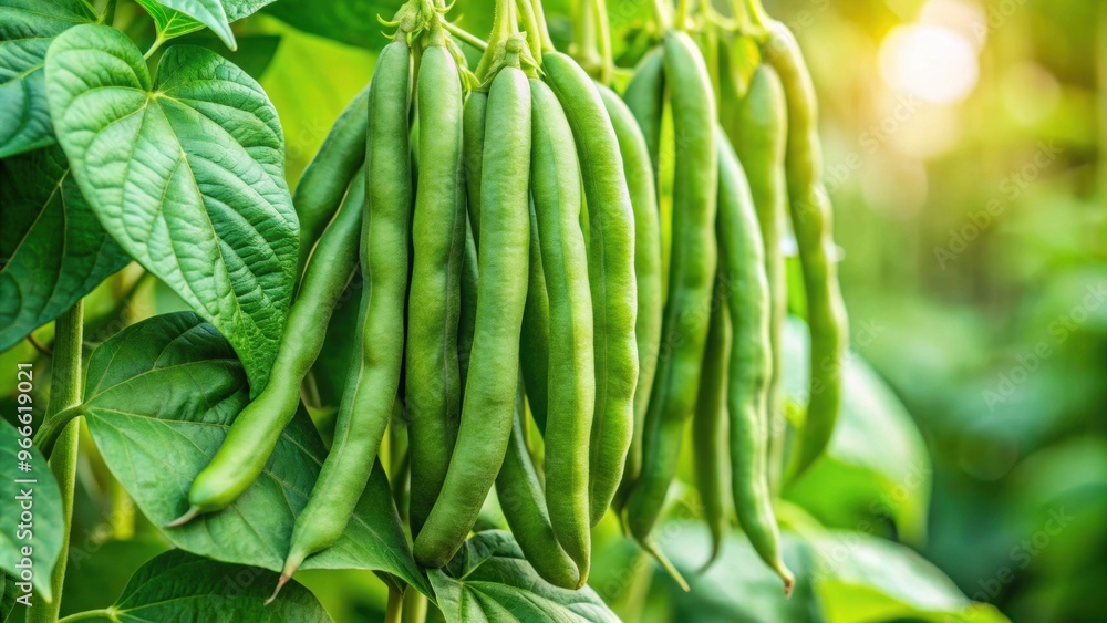 Healthy green beans hanging on a bean plant, fresh, organic, agriculture, farm, growth, produce, vegetable, harvest, natural Healthy green beans hanging on a bean plant, fresh, organic, agriculture, farm, growth, produce, vegetable, harvest, natural