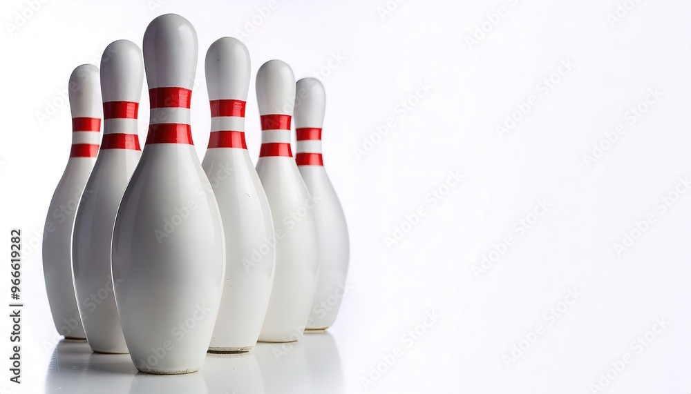 Minimalist photo of white bowling pins with two red horizontal stripes on neck of pin. set up in pyramid shape. isolated on white background with copy space Minimalist photo of white bowling pins with two red horizontal stripes on neck of pin. set up in pyramid shape. isolated on white background with copy space