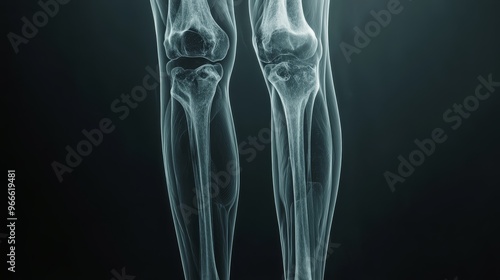 X-ray image of human leg bones showing detailed skeletal structure and joints against a dark background.
