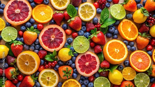 Fototapeta Naklejka Na Ścianę i Meble -  A colorful and vibrant pattern featuring various fruits such as oranges, lemons, strawberries, and grapes, fruits