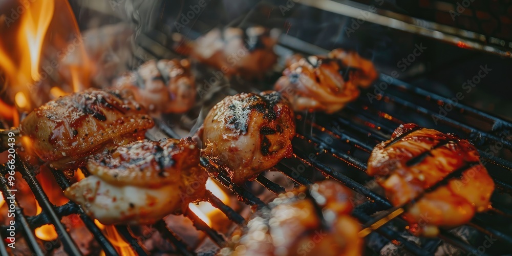 Close up of grilling seasoned chicken on a charcoal barbecue grid Close up of grilling seasoned chicken on a charcoal barbecue grid
