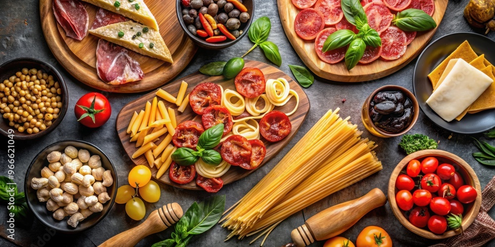 Fototapeta premium Italian food assortment including pasta, pizza, olives, cheese, and cured meats on a dark background, Italian, food