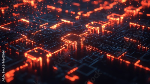 Futuristic digital circuit board with glowing neon lights, representing technology and innovation in a high-tech environment.