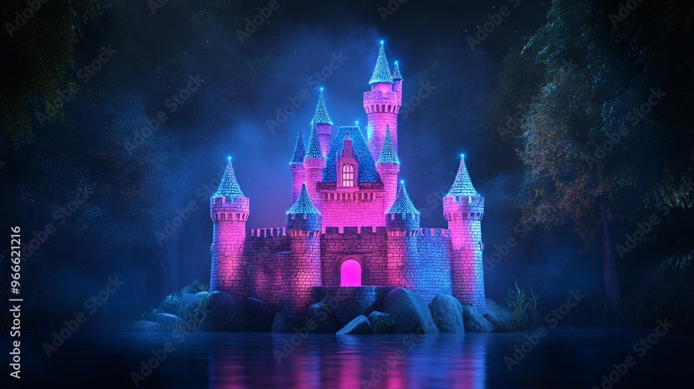 Fototapeta premium A magical, illuminated pink castle standing tall at night surrounded by a misty forest.