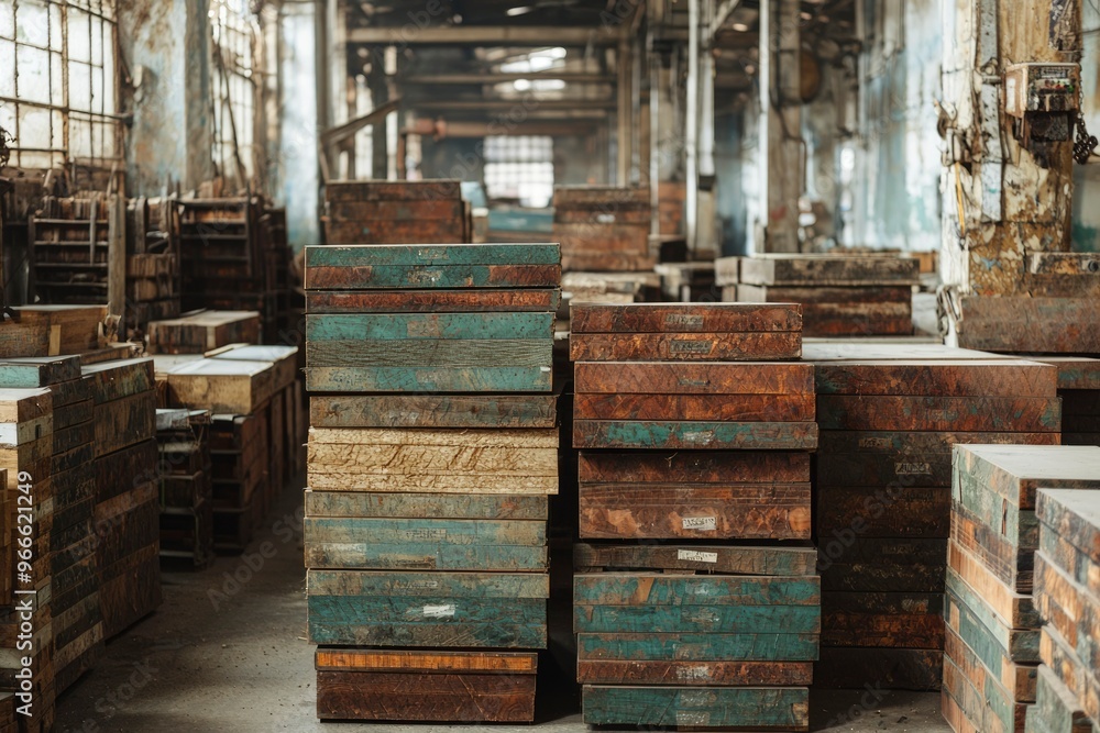 Stacks of Weathered Wooden Boards in an Abandoned Factory