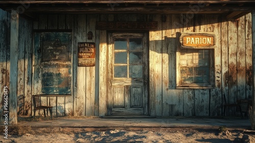 A weathered wooden building with a glass door and two windows. There are two signs on the building,  photo