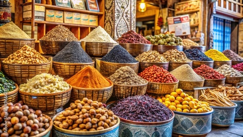 Fototapeta Naklejka Na Ścianę i Meble -  Traditional Egyptian dried food products on display at the Arab street market stall , Egypt, dried, food, products