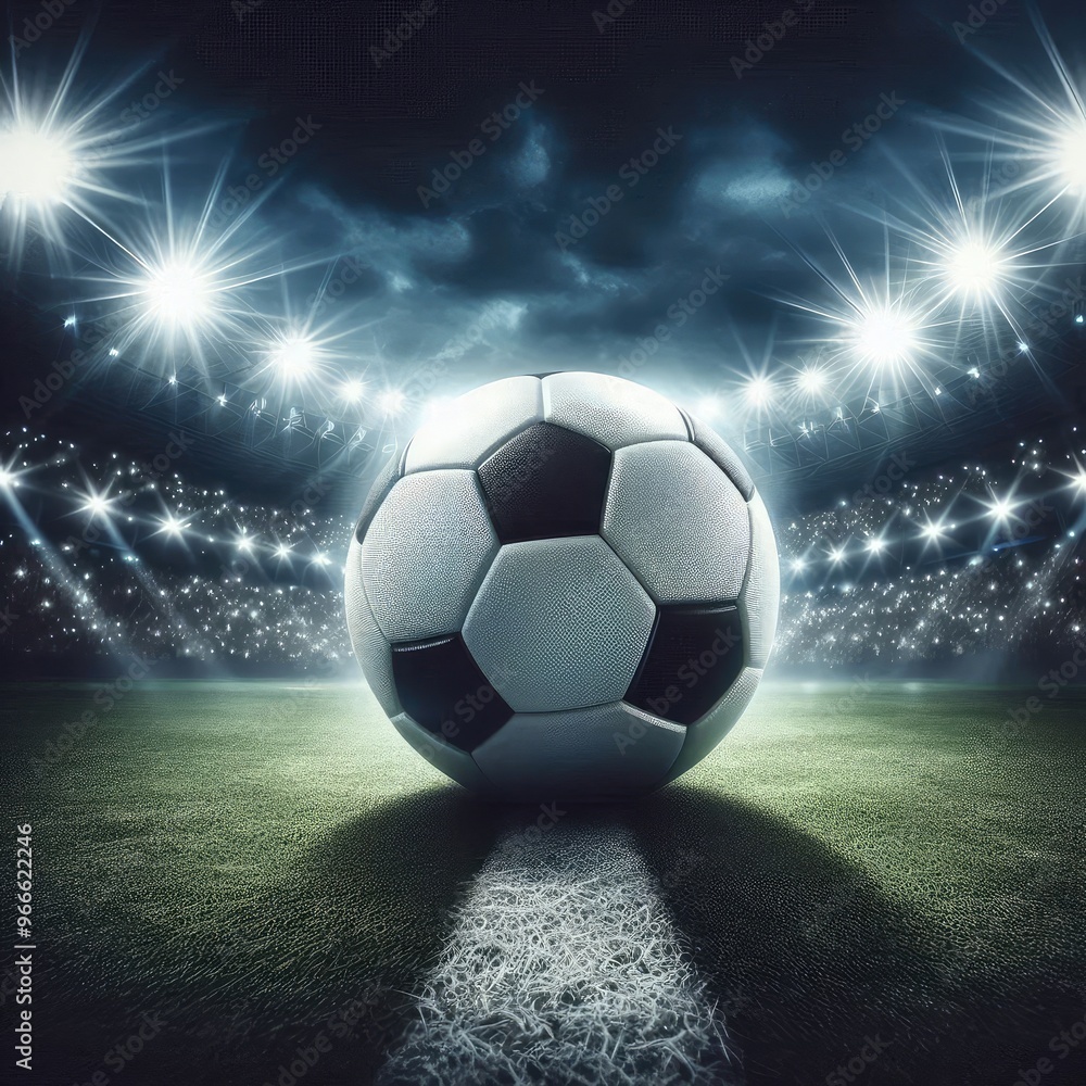 Fototapeta premium Close up of a soccer ball in the center of the empty soccer stadium illuminated by the headlights