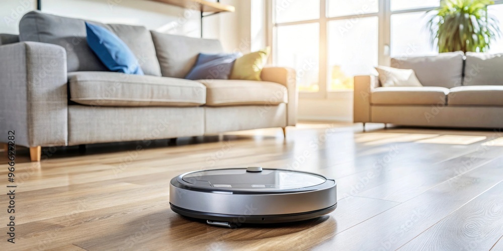 Robot vacuum cleaner cleaning living room floor at scheduled time, Robotic, vacuum cleaner, automatic, cleaning Robot vacuum cleaner cleaning living room floor at scheduled time, Robotic, vacuum cleaner, automatic, cleaning