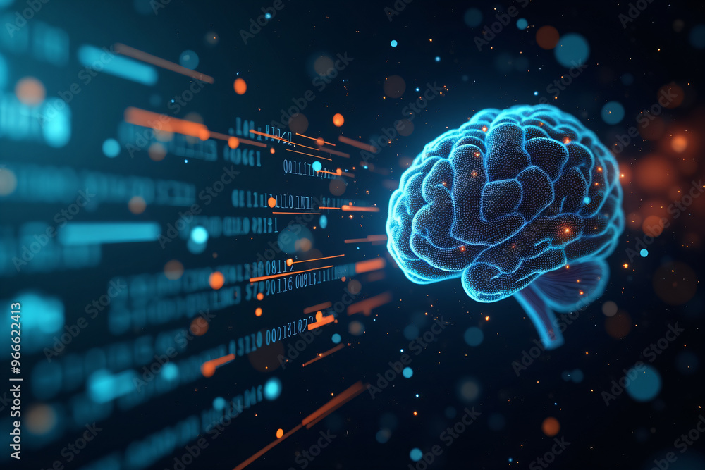 Artificial intelligence is presented as an abstract illustration of a model on a blue background symbolizing future technologies and transmitting data in the form of bytes and files Artificial intelligence is presented as an abstract illustration of a model on a blue background symbolizing future technologies and transmitting data in the form of bytes and files