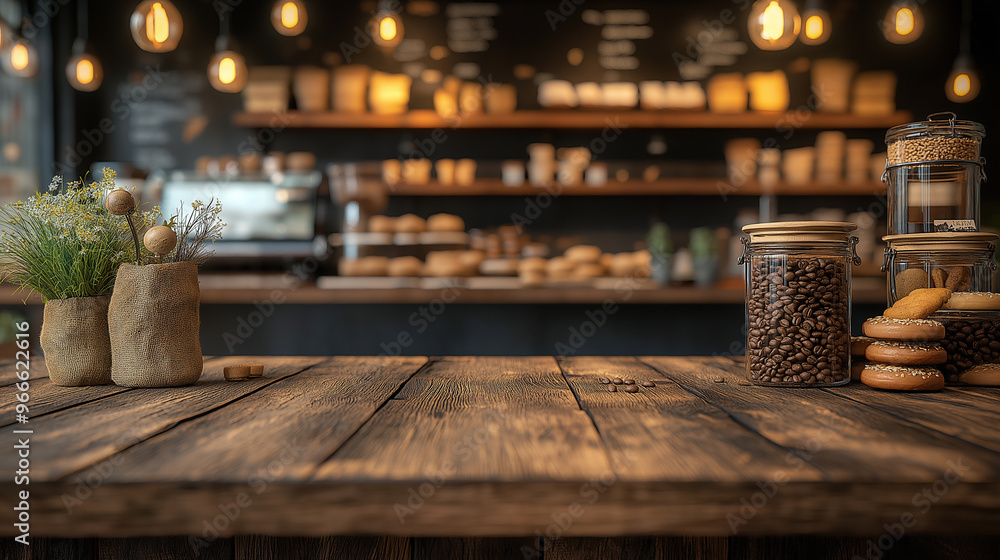 Fototapeta premium Coffee Beans Cookies and Rustic Wooden Table in Cafe